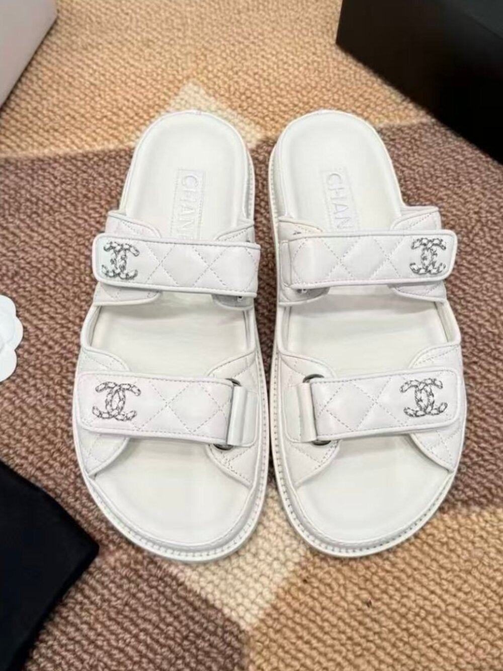 Chanel White Quilted CC Logo Velcro Strap Slide Sandals